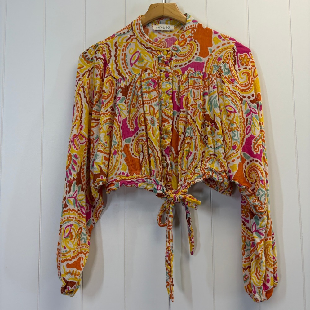 Rachel Zoe Boho Paisley Cropped Top Women Size L Festival Cottage Summer Chic